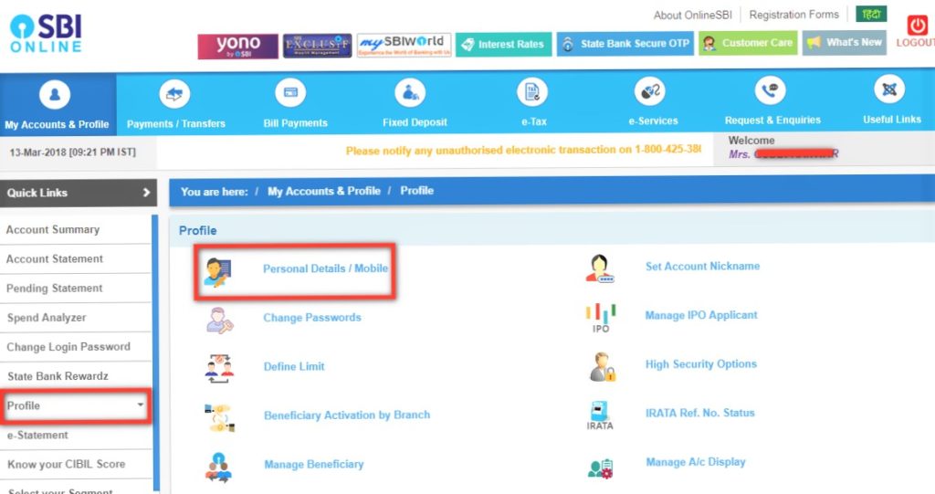 How to change the registered mobile number in SBI bank