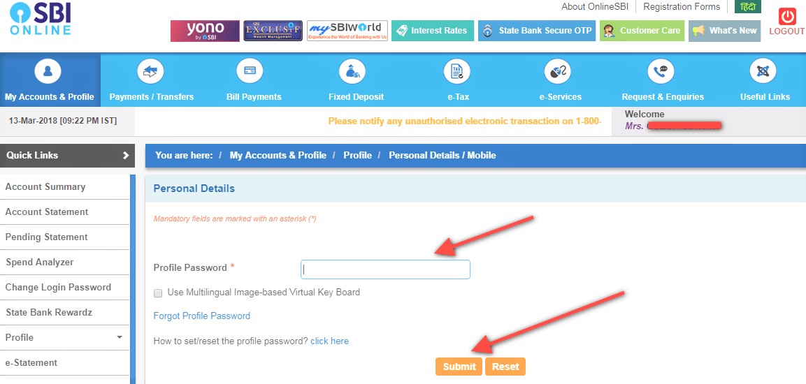 How to change the registered mobile number in SBI bank?