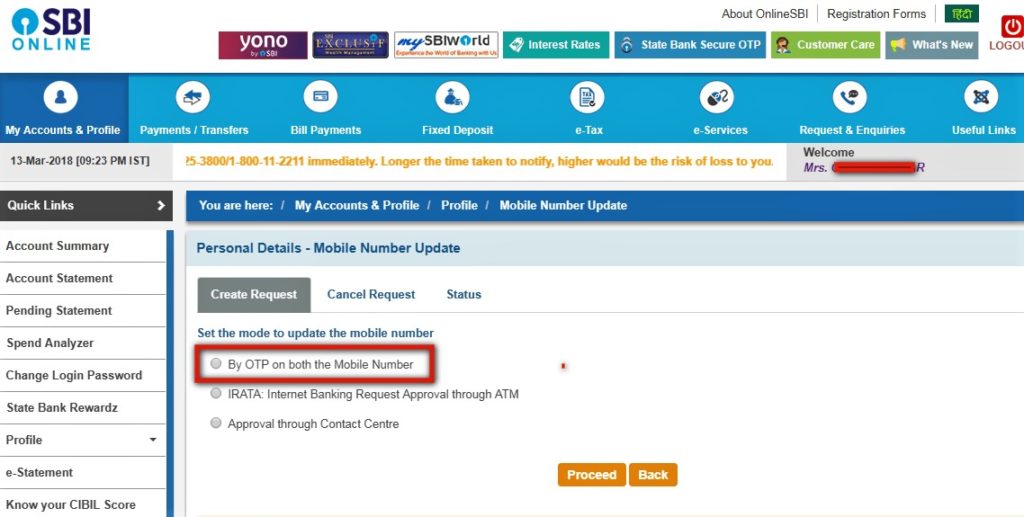 How to change the registered mobile number in SBI bank