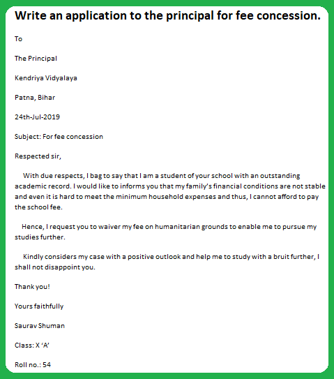 Write An Application To The Principal For Fee Concession