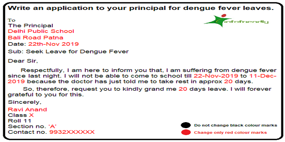 Write an application to your principal for dengue fever leaves