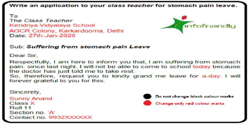 Write an application to your class teacher for stomach pain leave