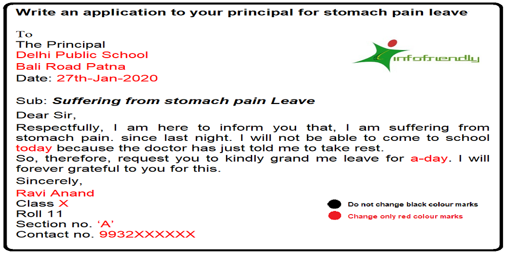 Write an application to your principal for stomach pain leave