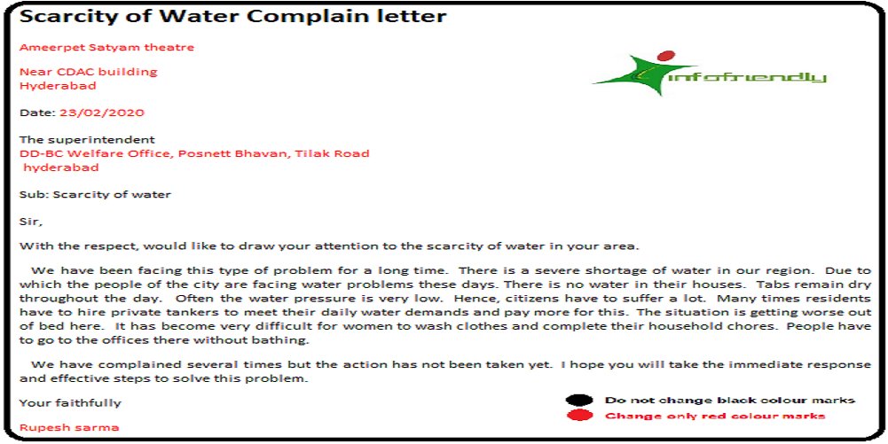 Scarcity of Water Complain letter