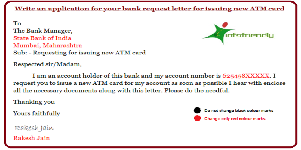 Write an application for your bank request letter for issuing a new ATM card