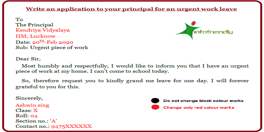 Write an application to your principal for an urgent work leave