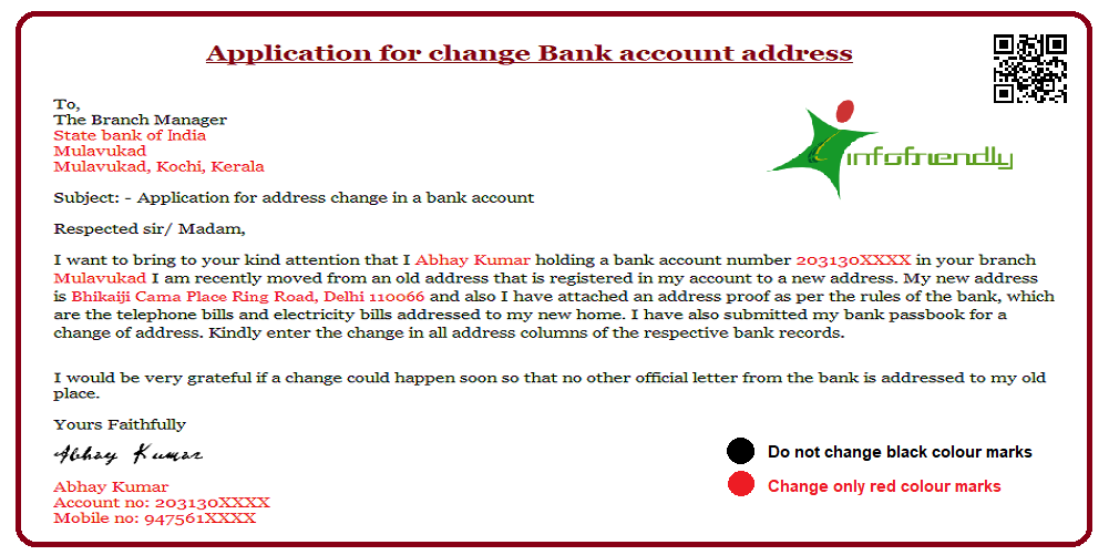 Application for change Bank account address