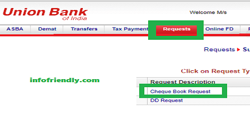 How to apply online cheque book in Union Bank?
