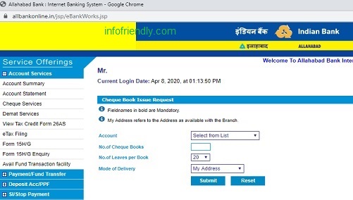 How To Apply Online Cheque Book In Allahabad Bank