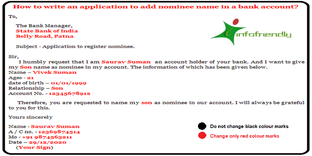 How to write an application to add nominee name to a bank account?