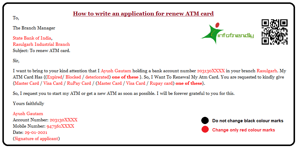 How to write an application for renew ATM card