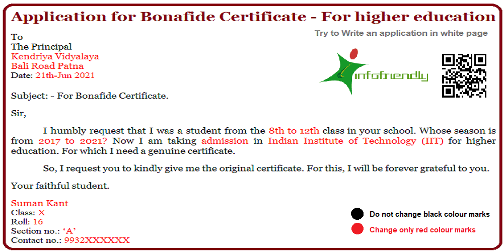 Application for Bonafide Certificate - For higher education