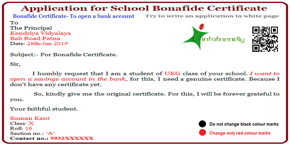 Application for Bonafide Certificate- To open a bank account