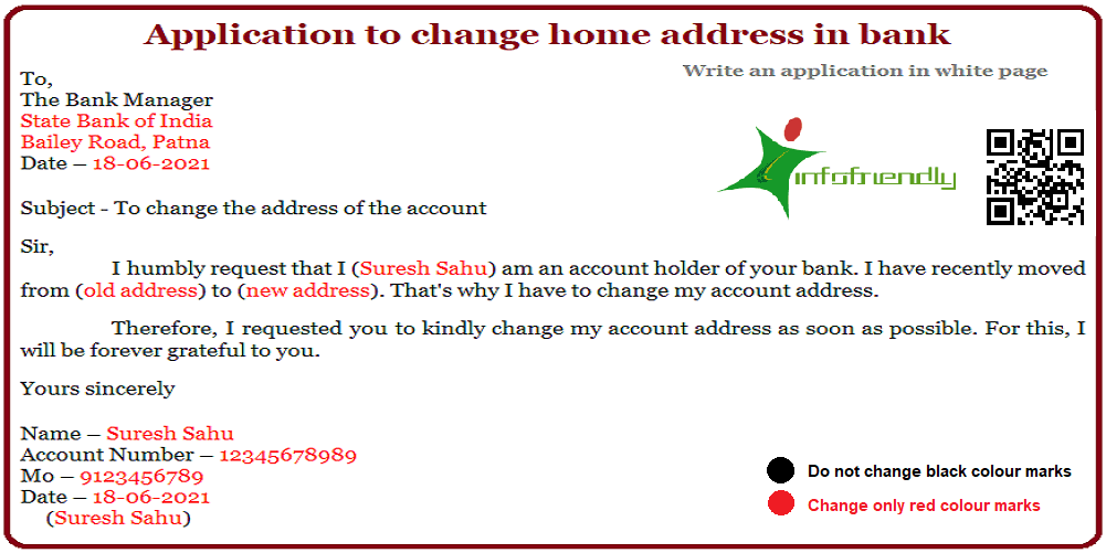 Application for change home address in bank