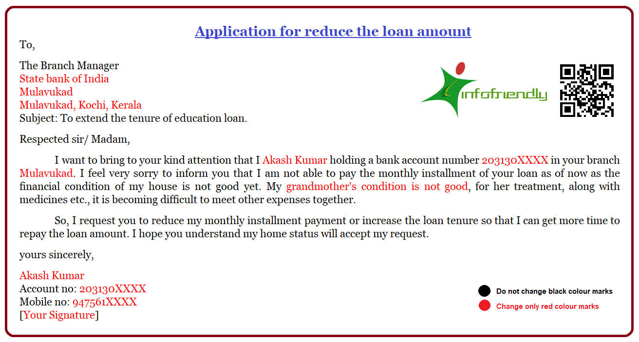 Application for reduce the loan amount