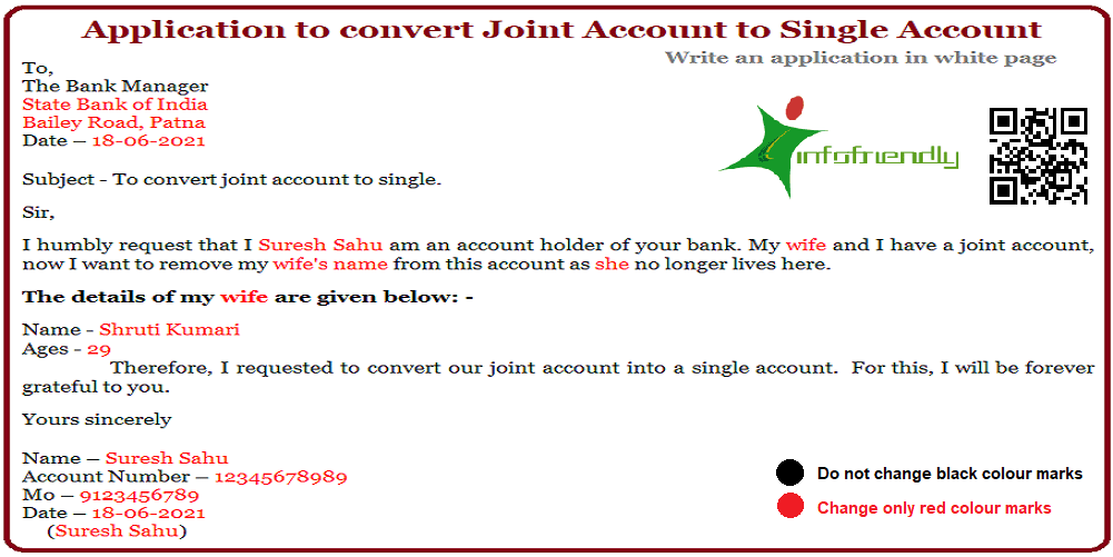 Application to convert Joint Account to Single Account and information