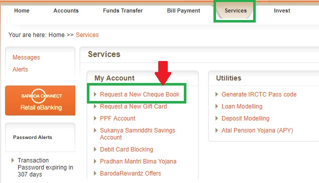 How to apply Bank of Baroda new cheque book online