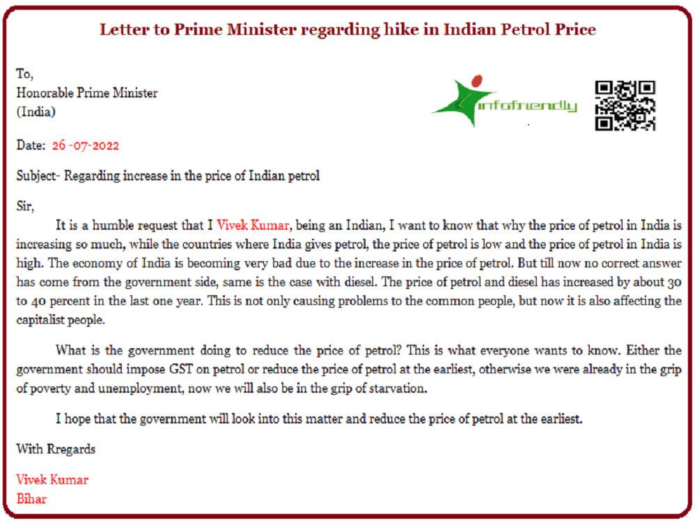 Letter to Prime Minister regarding hike in Indian Petrol Price